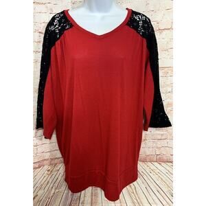 Fashion Bug Blouse Sz XL Red With Black Floral Lace 3/4 Sleeves Top